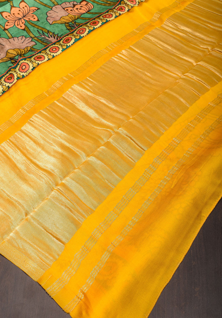 Gajji Silk Saree with Kalamkari Digital Print in Teal and yellow