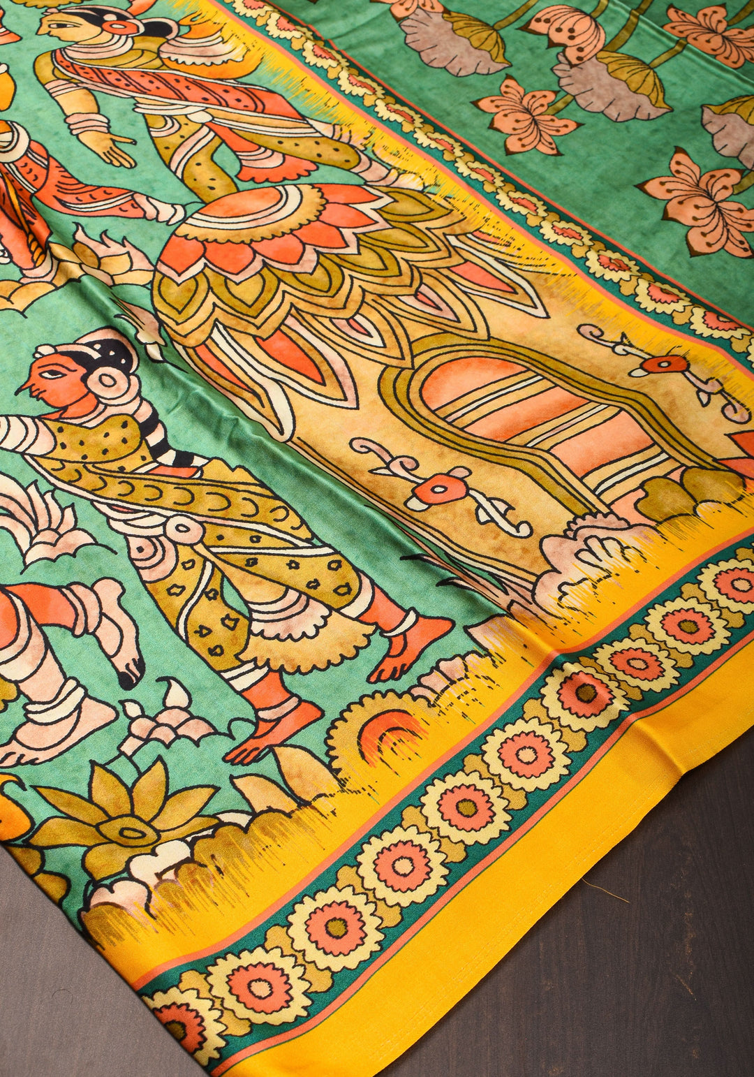 Gajji Silk Saree with Kalamkari Digital Print in Teal and yellow