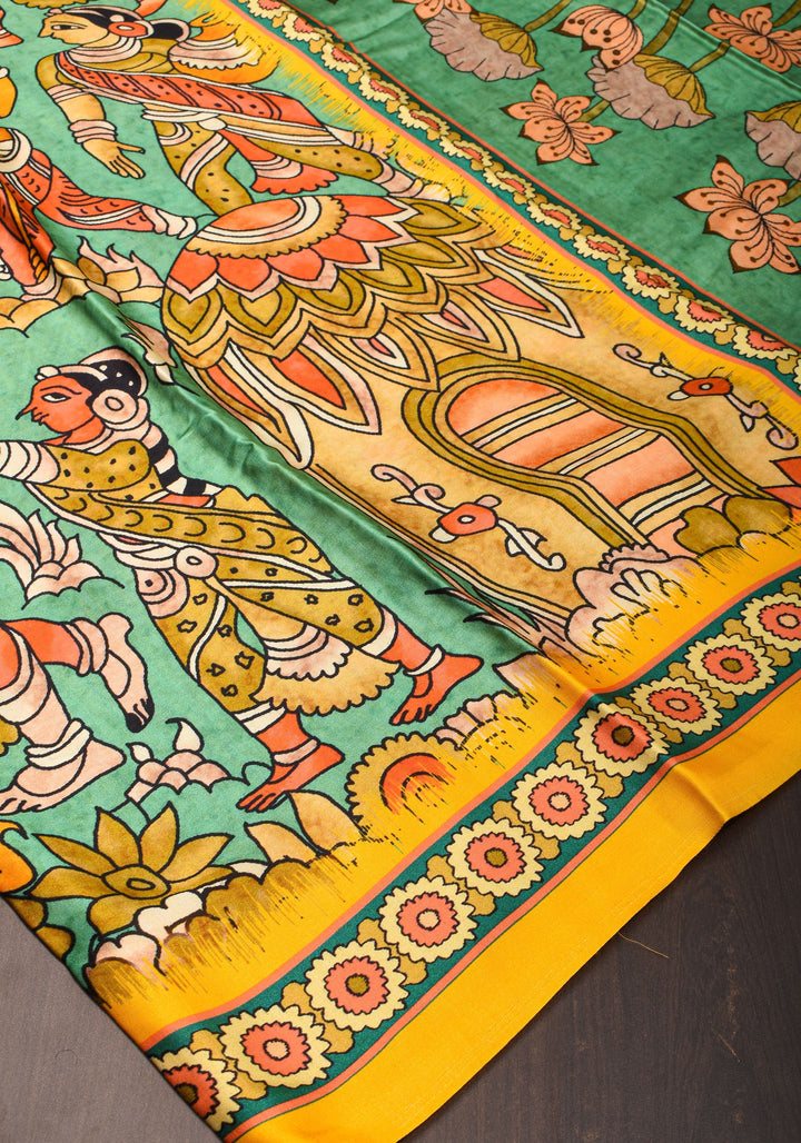 Gajji Silk Saree with Kalamkari Digital Print in Teal and yellow