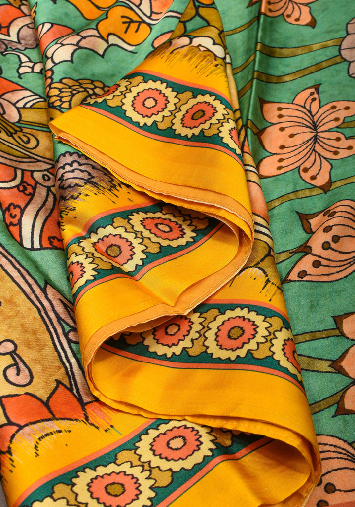 Gajji Silk Saree with Kalamkari Digital Print in Teal and yellow