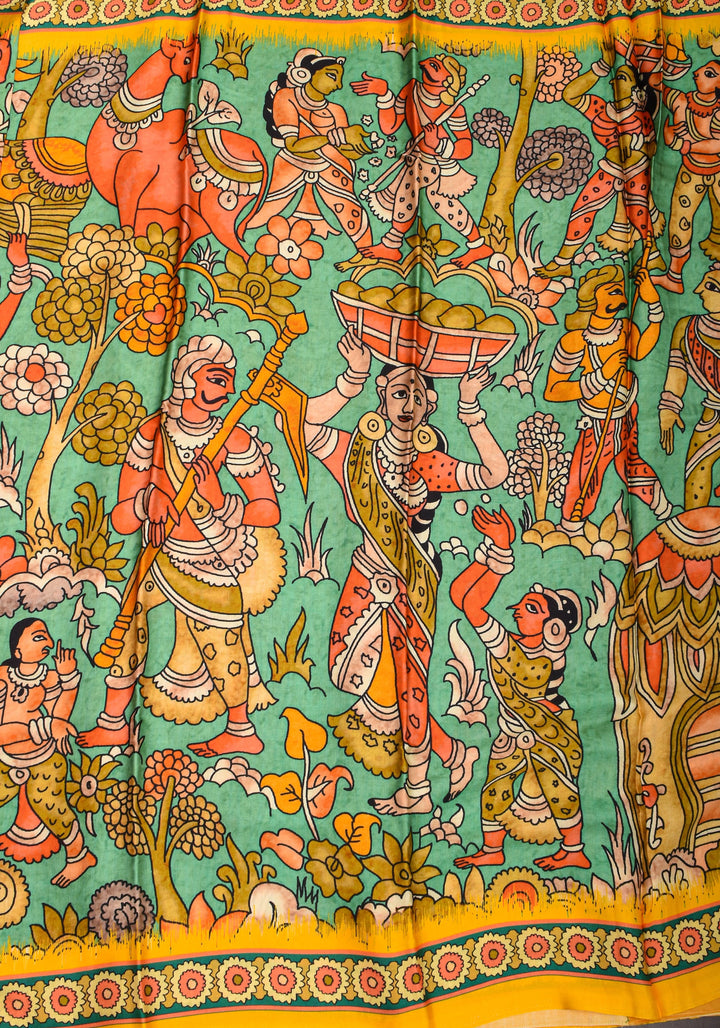 Gajji Silk Saree with Kalamkari Digital Print in Teal and yellow