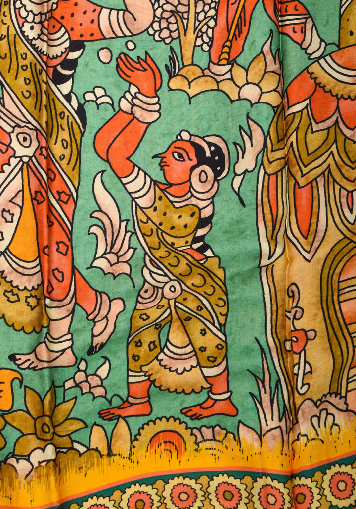 Gajji Silk Saree with Kalamkari Digital Print in Teal and yellow