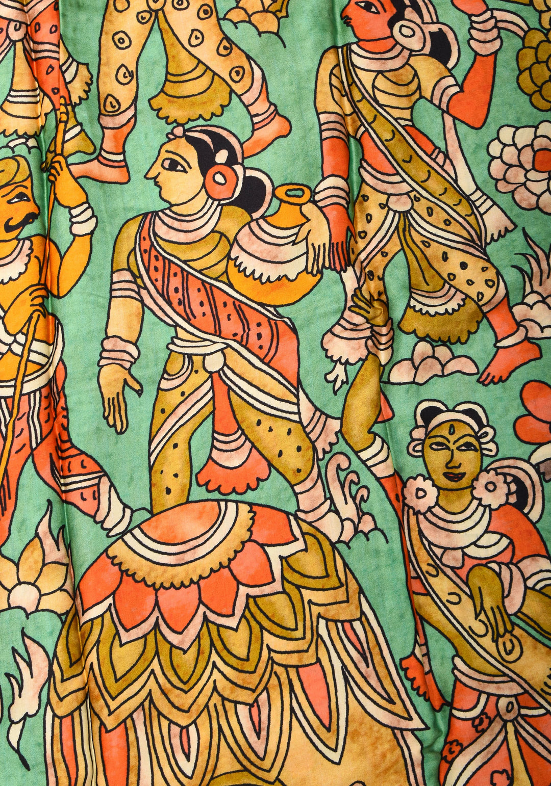 Gajji Silk Saree with Kalamkari Digital Print in Teal and yellow