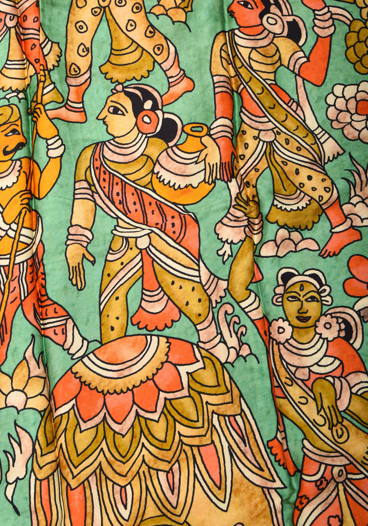 Gajji Silk Saree with Kalamkari Digital Print in Teal and yellow
