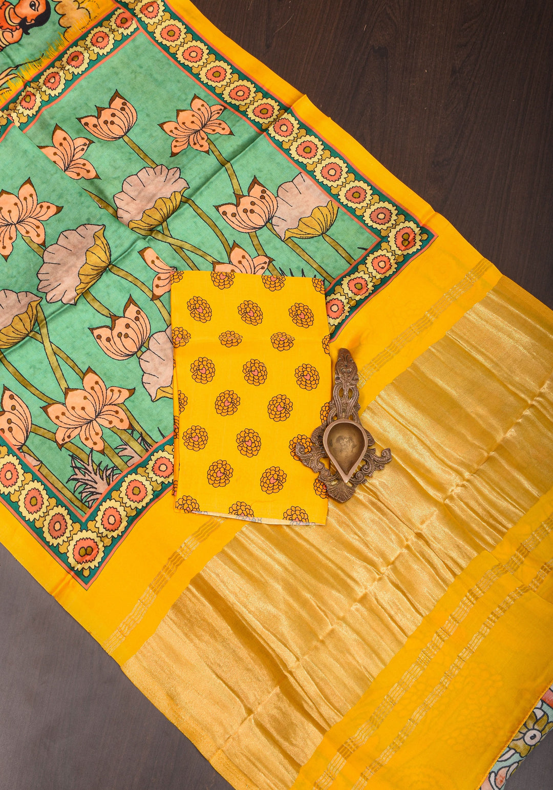 Gajji Silk Saree with Kalamkari Digital Print in Teal and yellow