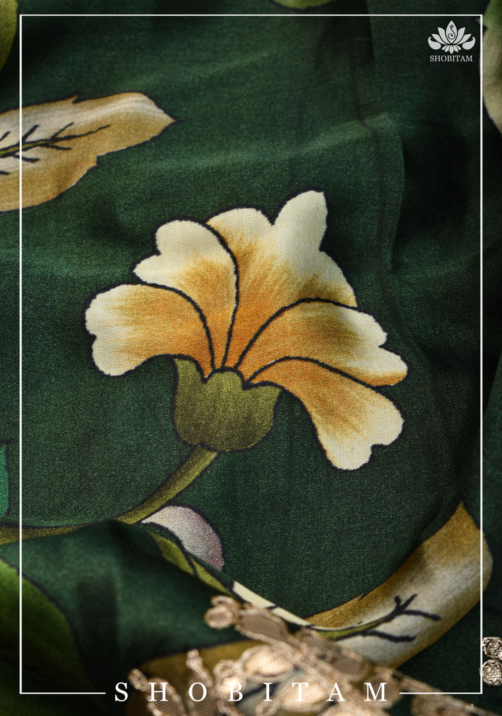 Gajji Silk Saree with Gotta Patti Borders, crushed zari palla and Floral Digital Print | Sarees by Shobitam