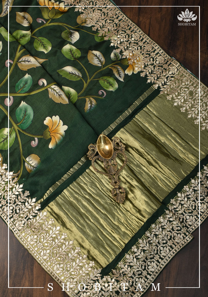Gajji Silk Saree with Gotta Patti Borders, crushed zari palla and Floral Digital Print | Sarees by Shobitam