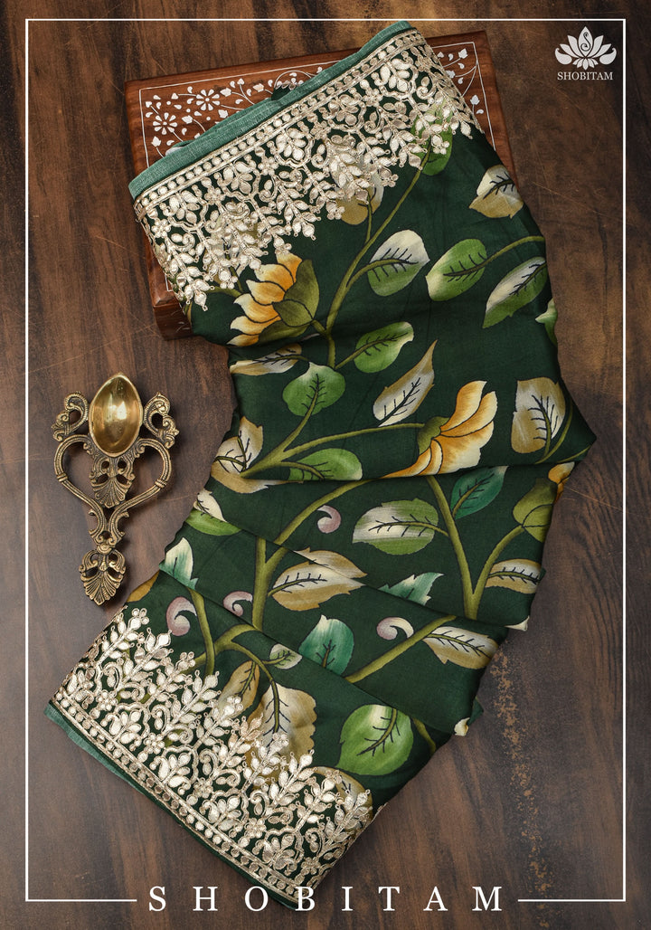 Gajji Silk Saree with Gotta Patti Borders, crushed zari palla and Floral Digital Print | Sarees by Shobitam