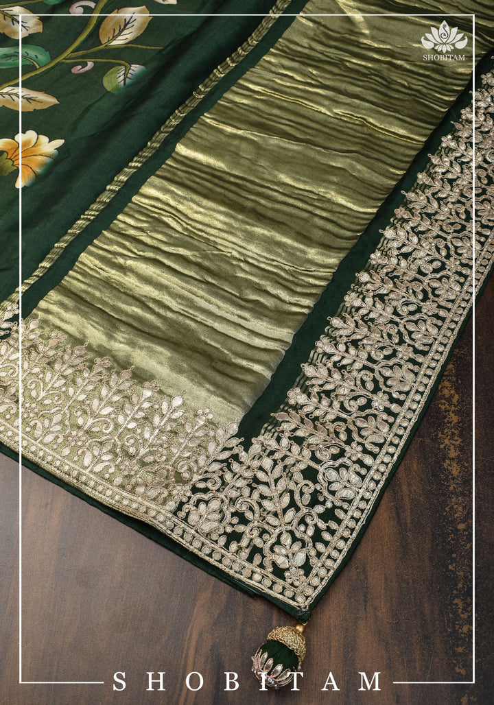 Gajji Silk Saree with Gotta Patti Borders, crushed zari palla and Floral Digital Print | Sarees by Shobitam