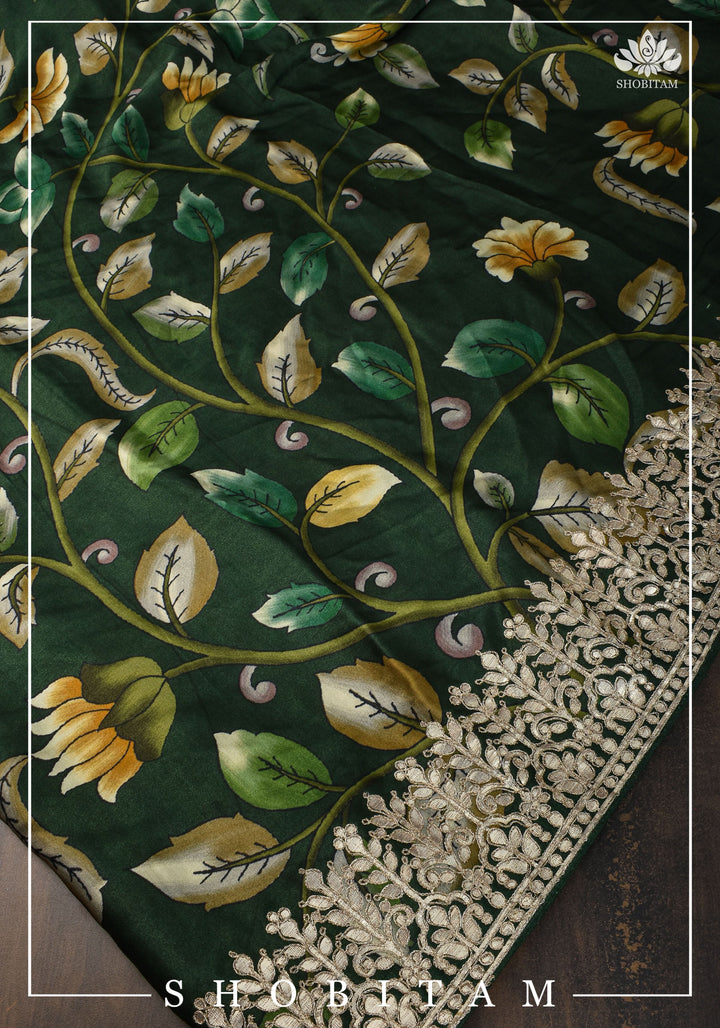 Gajji Silk Saree with Gotta Patti Borders, crushed zari palla and Floral Digital Print | Sarees by Shobitam