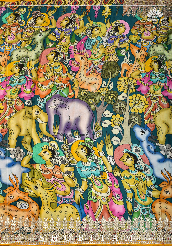 Gajji Silk Saree with Gotta Patti Border, Crushed zari palla and kalamkari Digital Print | Sarees by SHOBITAM