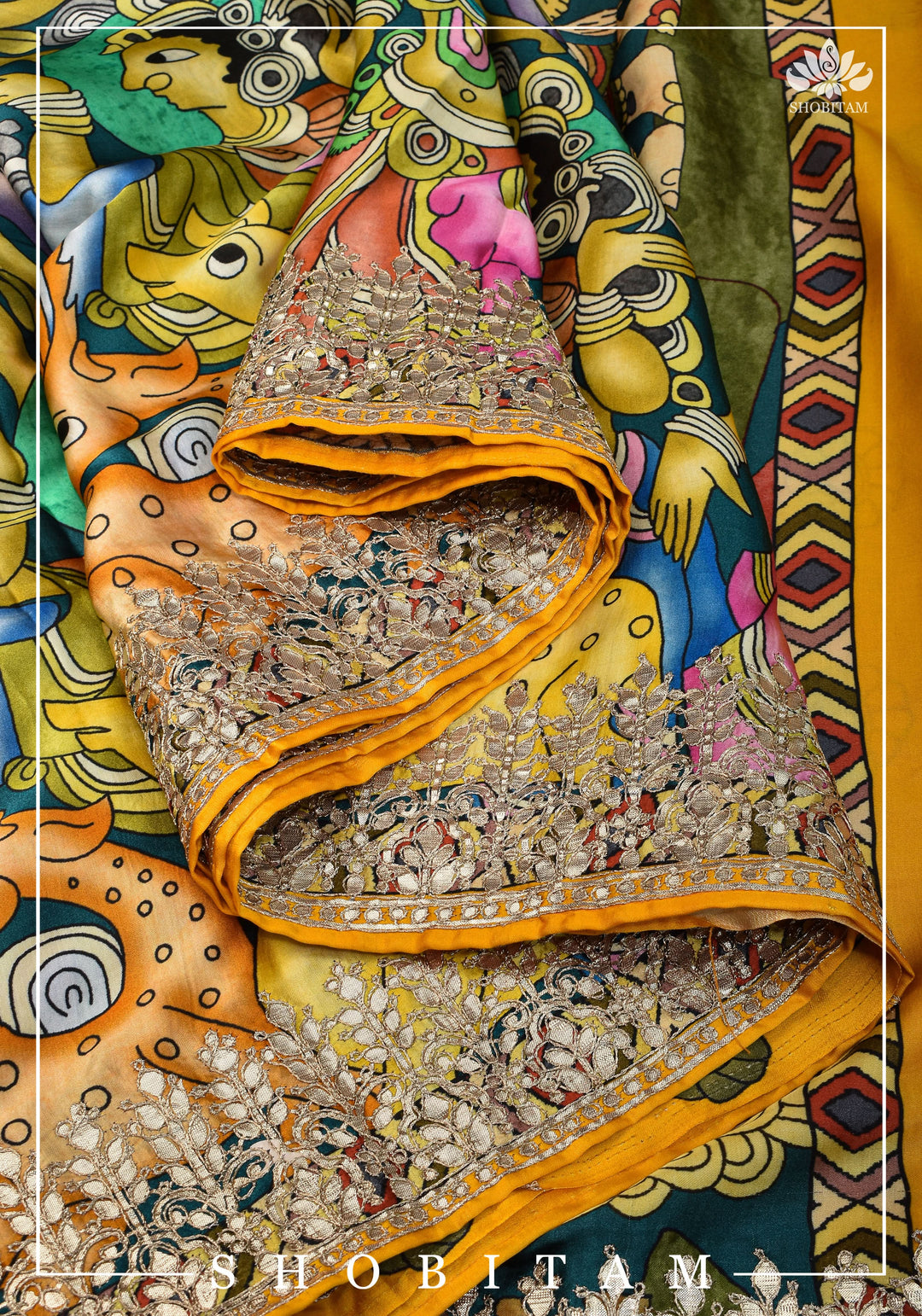 Gajji Silk Saree with Gotta Patti Border, Crushed zari palla and kalamkari Digital Print | Sarees by SHOBITAM