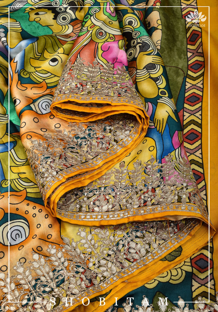 Gajji Silk Saree with Gotta Patti Border, Crushed zari palla and kalamkari Digital Print | Sarees by SHOBITAM
