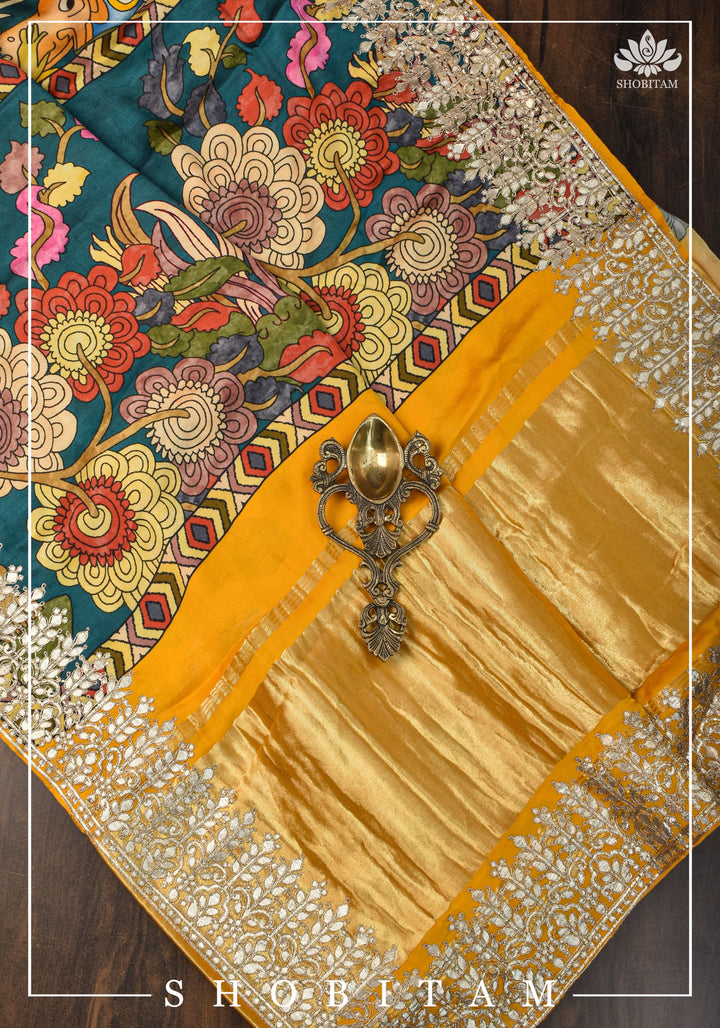 Gajji Silk Saree with Gotta Patti Border, Crushed zari palla and kalamkari Digital Print | Sarees by SHOBITAM