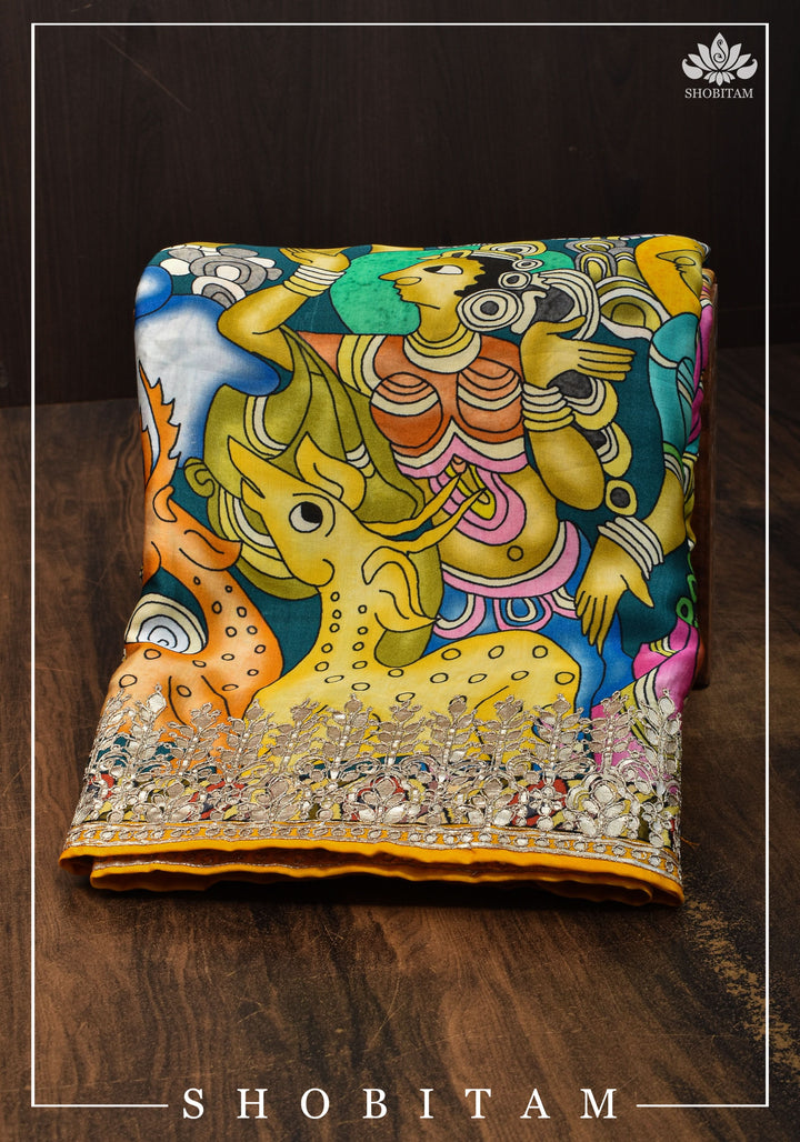Gajji Silk Saree with Gotta Patti Border, Crushed zari palla and kalamkari Digital Print | Sarees by SHOBITAM