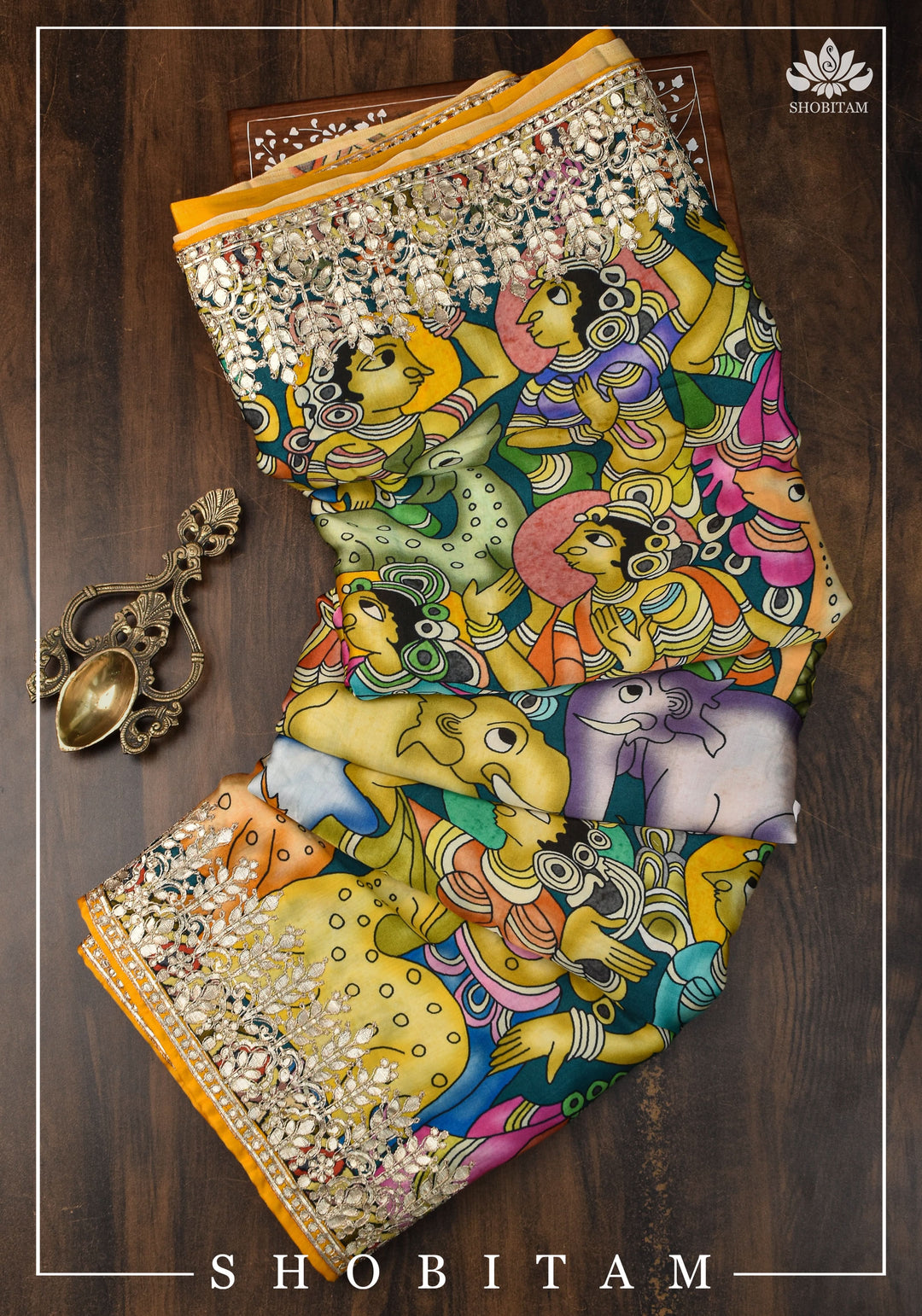 Gajji Silk Saree with Gotta Patti Border, Crushed zari palla and kalamkari Digital Print | Sarees by SHOBITAM