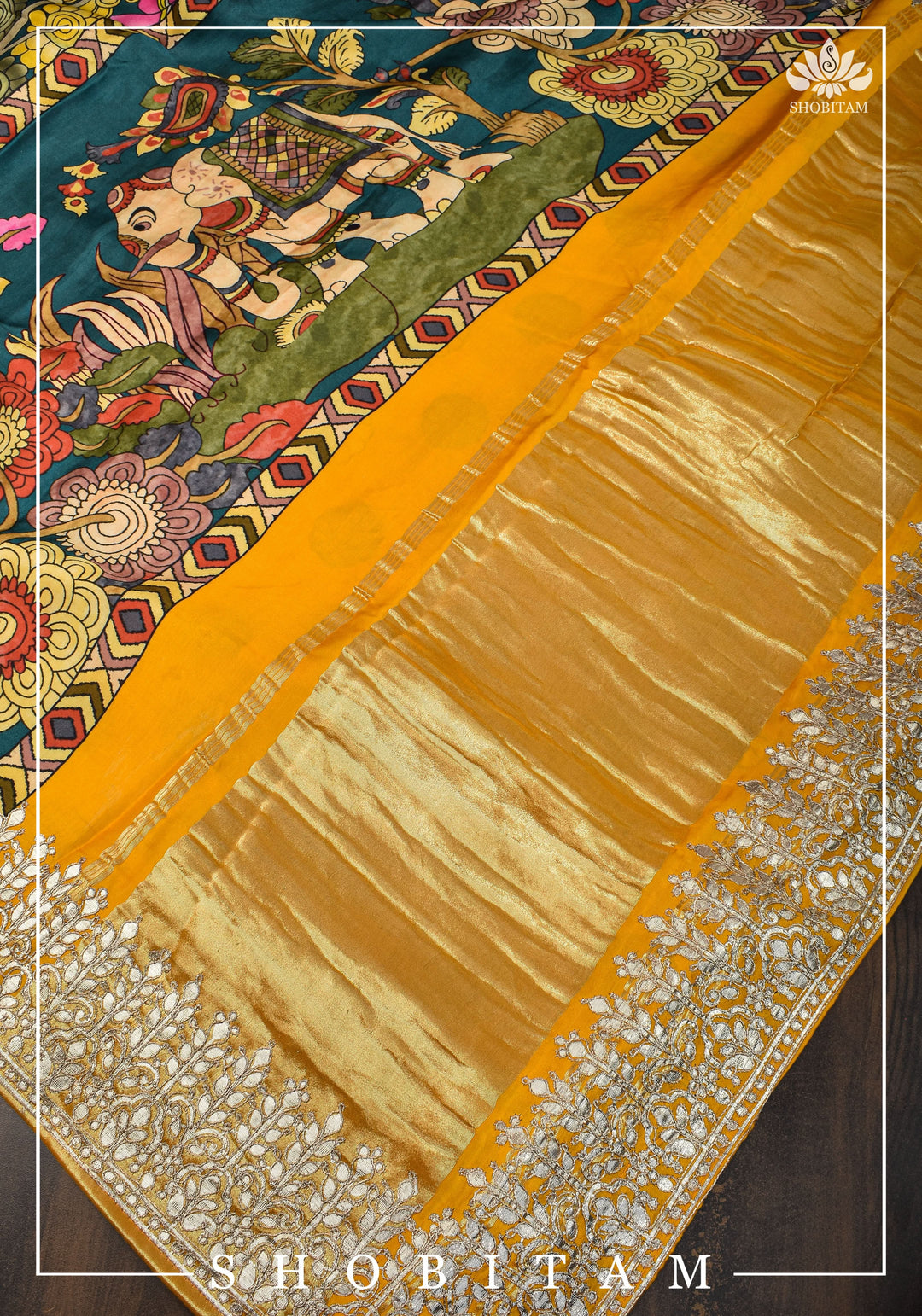 Gajji Silk Saree with Gotta Patti Border, Crushed zari palla and kalamkari Digital Print | Sarees by SHOBITAM
