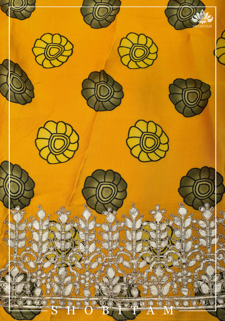 Gajji Silk Saree with Gotta Patti Border, Crushed zari palla and kalamkari Digital Print | Sarees by SHOBITAM