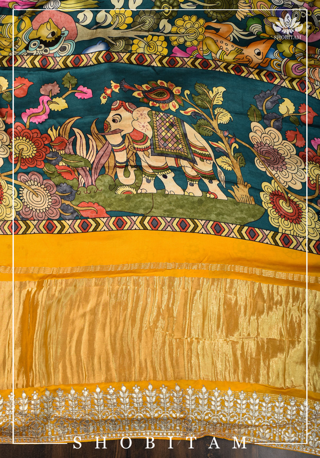 Gajji Silk Saree with Gotta Patti Border, Crushed zari palla and kalamkari Digital Print | Sarees by SHOBITAM