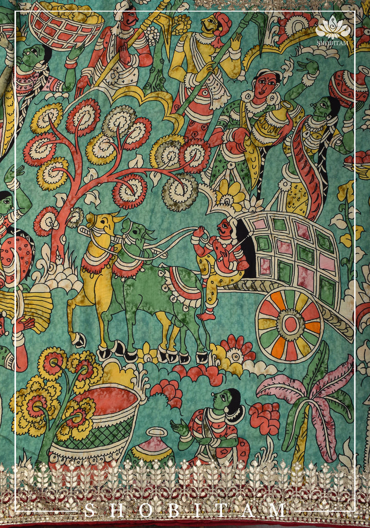 Gajji Silk Saree with Gotta Patti Border and kalamkari Digital Print | Sarees by Shobitam