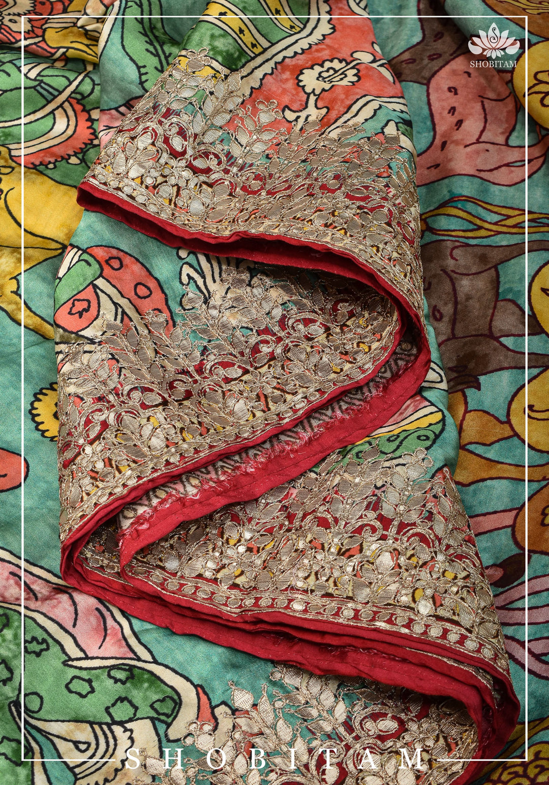 Gajji Silk Saree with Gotta Patti Border and kalamkari Digital Print | Sarees by Shobitam