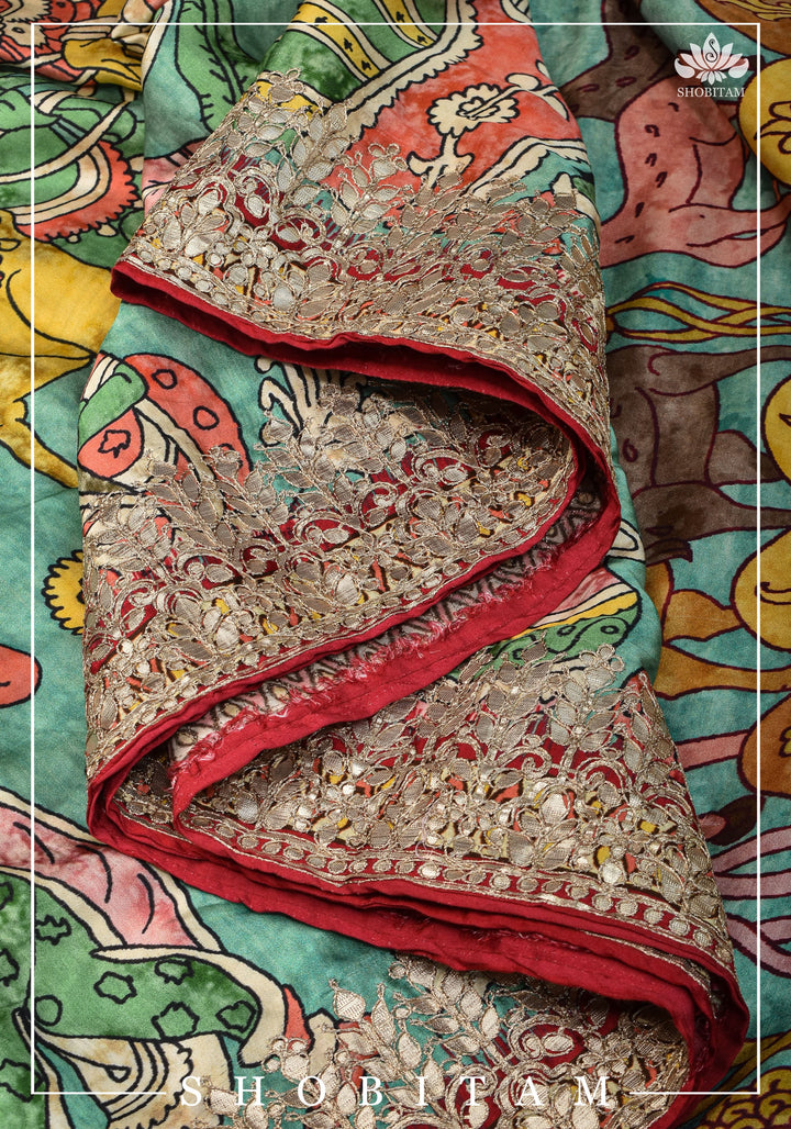Gajji Silk Saree with Gotta Patti Border and kalamkari Digital Print | Sarees by Shobitam