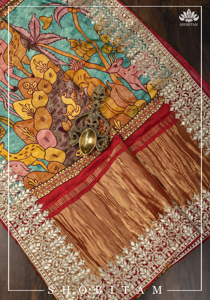 Gajji Silk Saree with Gotta Patti Border and kalamkari Digital Print | Sarees by Shobitam
