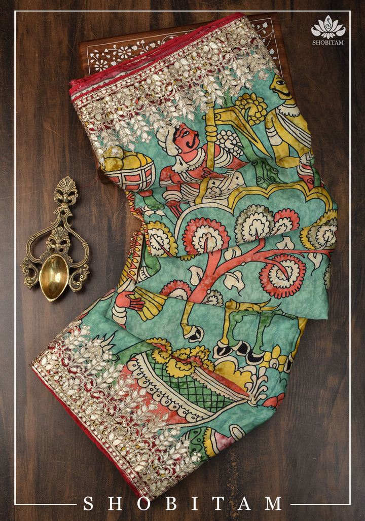 Gajji Silk Saree with Gotta Patti Border and kalamkari Digital Print | Sarees by Shobitam