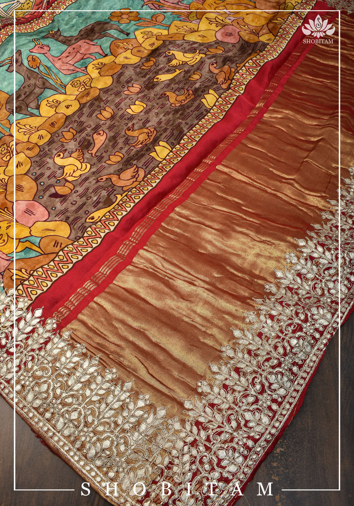 Gajji Silk Saree with Gotta Patti Border and kalamkari Digital Print | Sarees by Shobitam