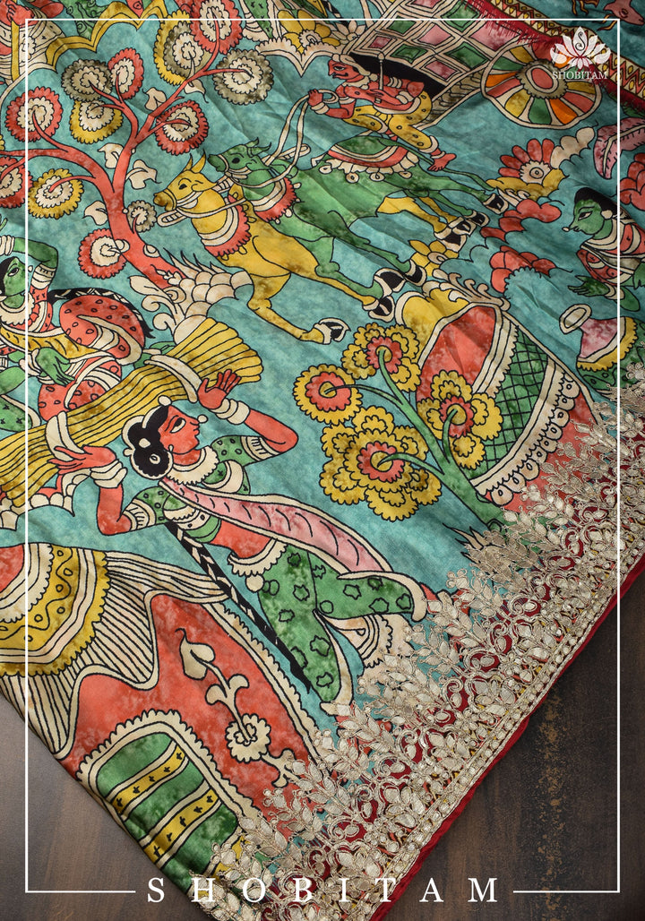 Gajji Silk Saree with Gotta Patti Border and kalamkari Digital Print | Sarees by Shobitam