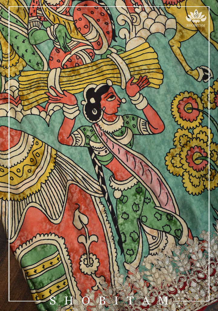 Gajji Silk Saree with Gotta Patti Border and kalamkari Digital Print | Sarees by Shobitam