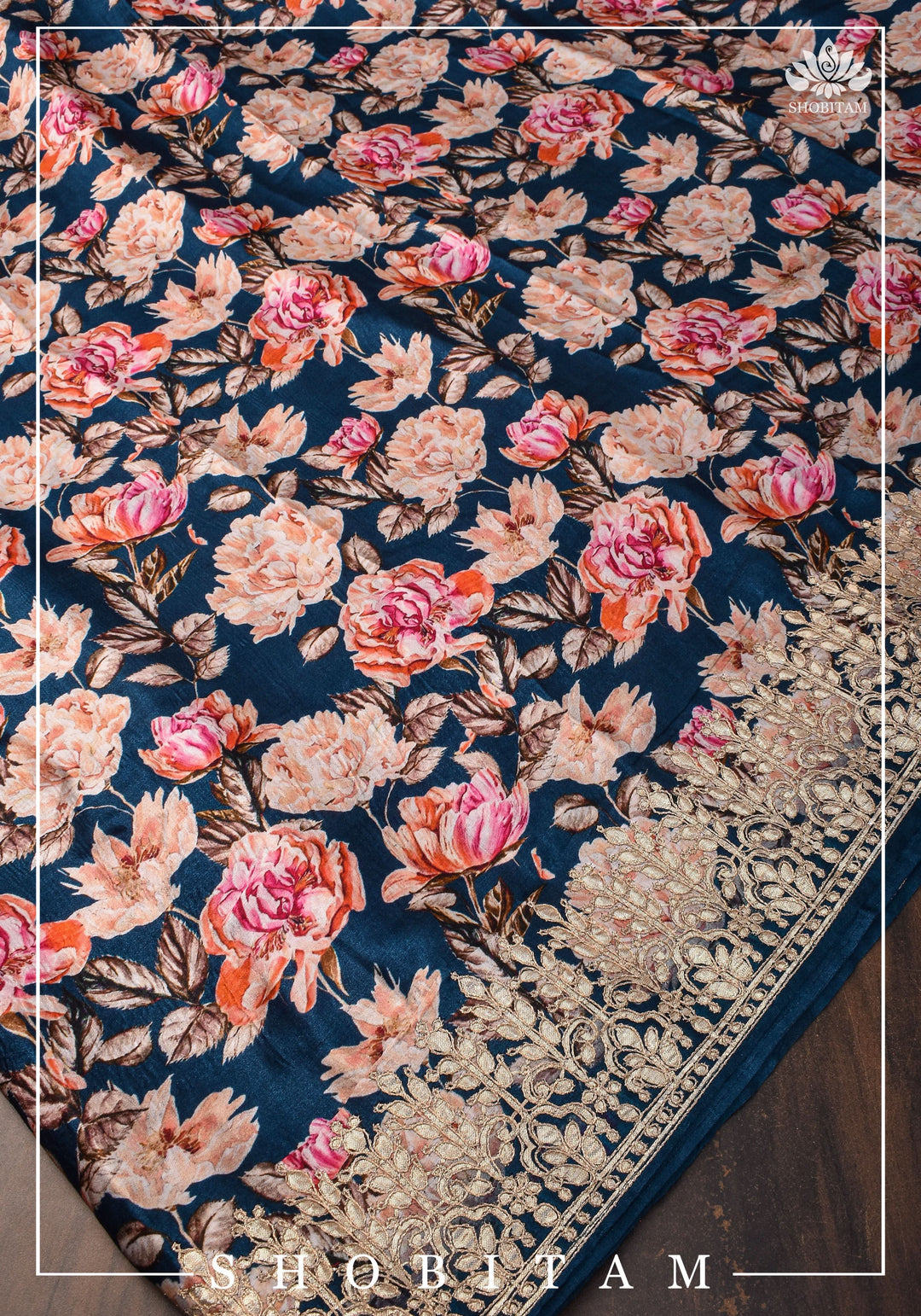 Navy Blue Gajji Silk Saree with Floral Print and Crushed Zari Pallu