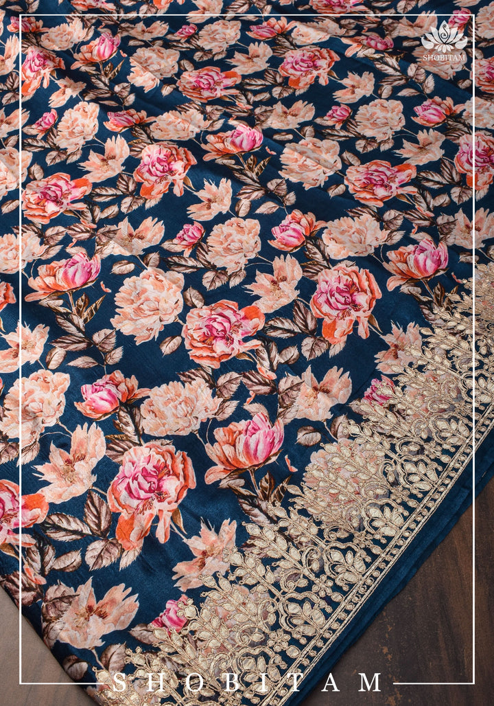 Navy Blue Gajji Silk Saree with Floral Print and Crushed Zari Pallu