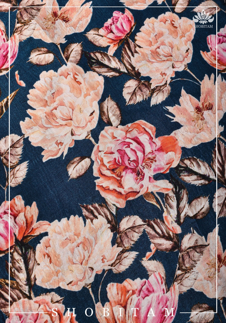 Navy Blue Gajji Silk Saree with Floral Print and Crushed Zari Pallu