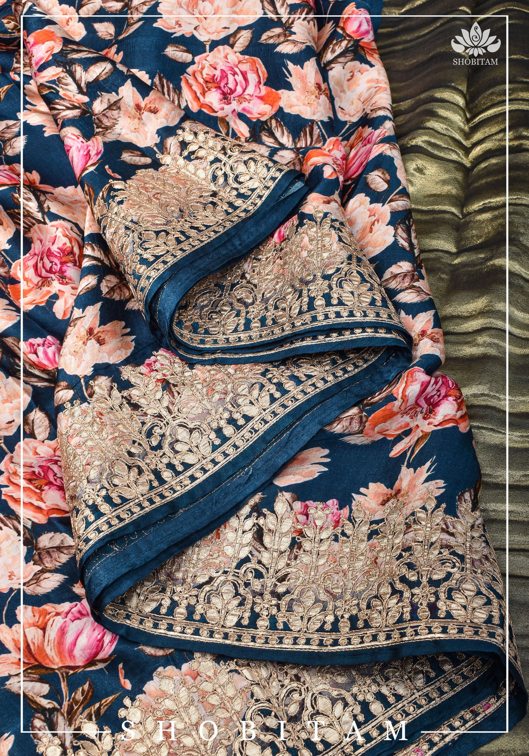 Navy Blue Gajji Silk Saree with Floral Print and Crushed Zari Pallu