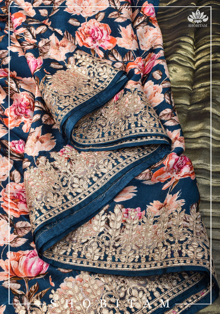 Navy Blue Gajji Silk Saree with Floral Print and Crushed Zari Pallu