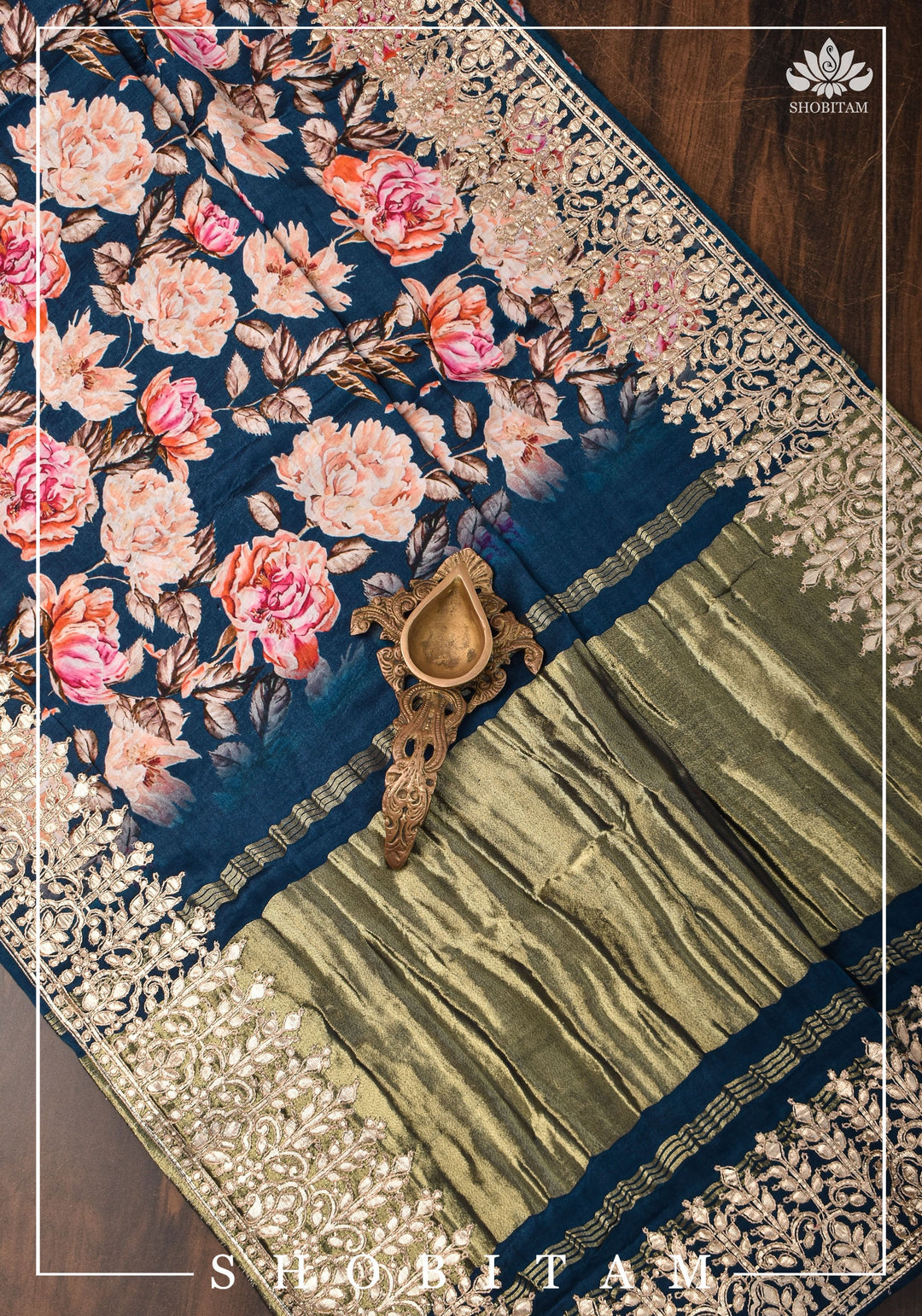 Navy Blue Gajji Silk Saree with Floral Print and Crushed Zari Pallu