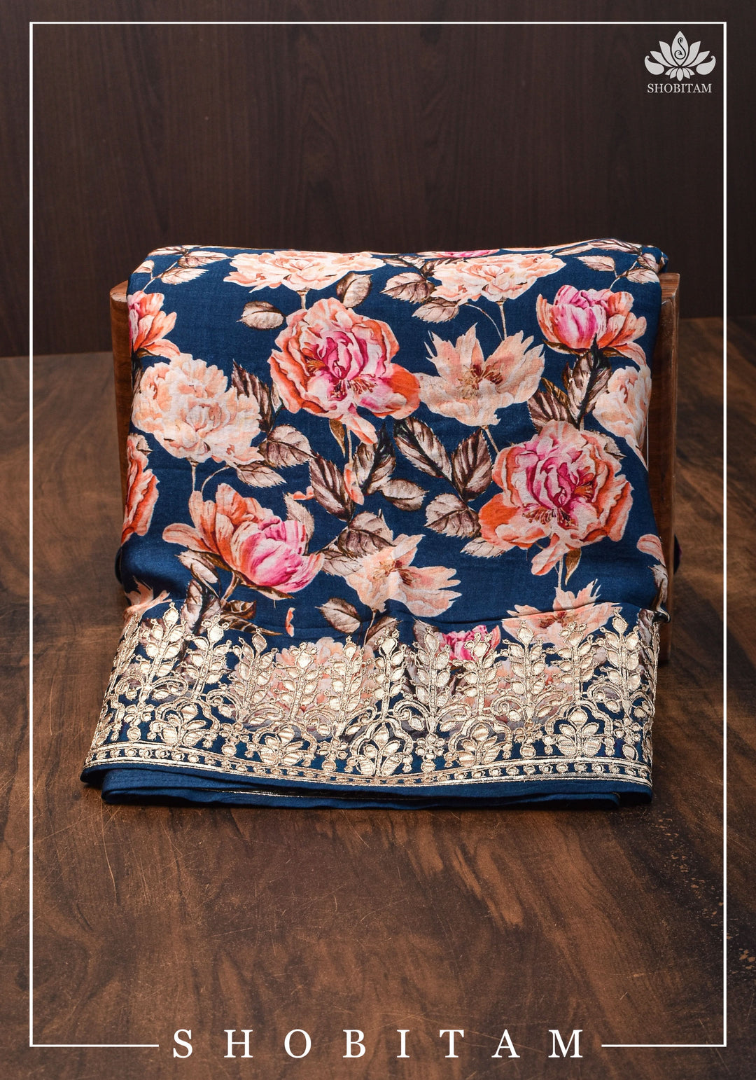 Navy Blue Gajji Silk Saree with Floral Print and Crushed Zari Pallu