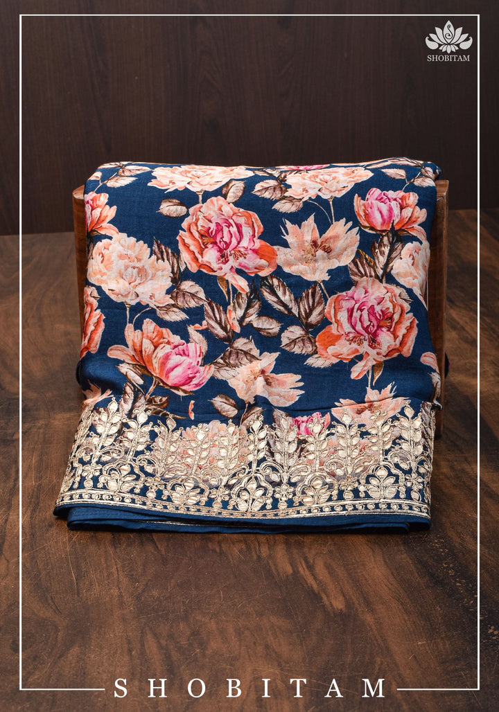 Navy Blue Gajji Silk Saree with Floral Print and Crushed Zari Pallu