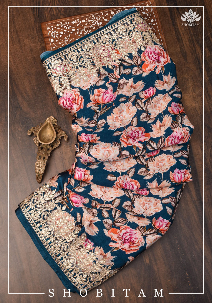 Navy Blue Gajji Silk Saree with Floral Print and Crushed Zari Pallu