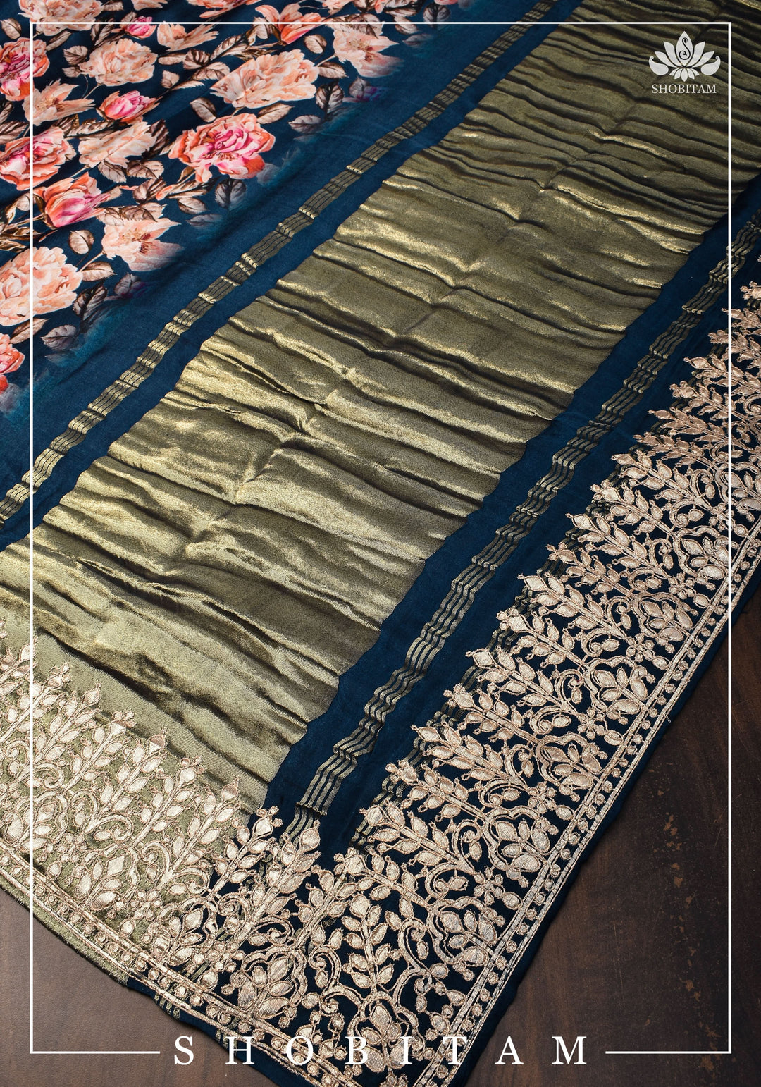 Navy Blue Gajji Silk Saree with Floral Print and Crushed Zari Pallu