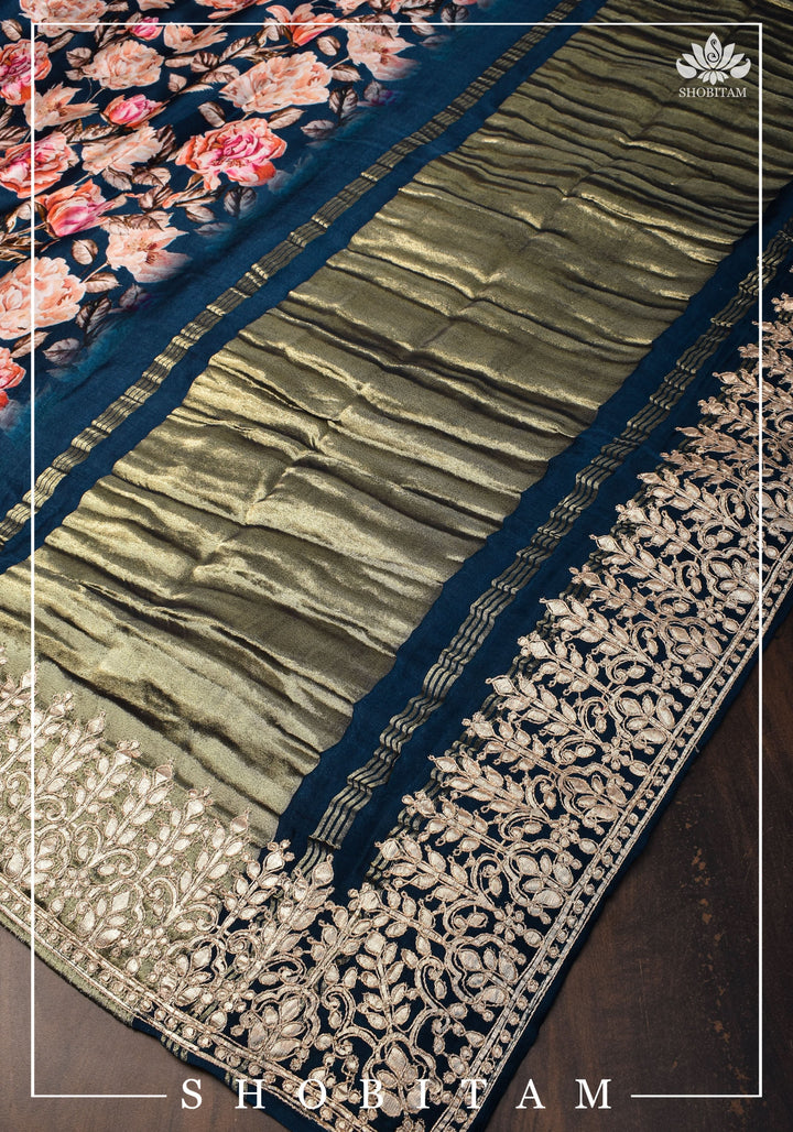 Navy Blue Gajji Silk Saree with Floral Print and Crushed Zari Pallu