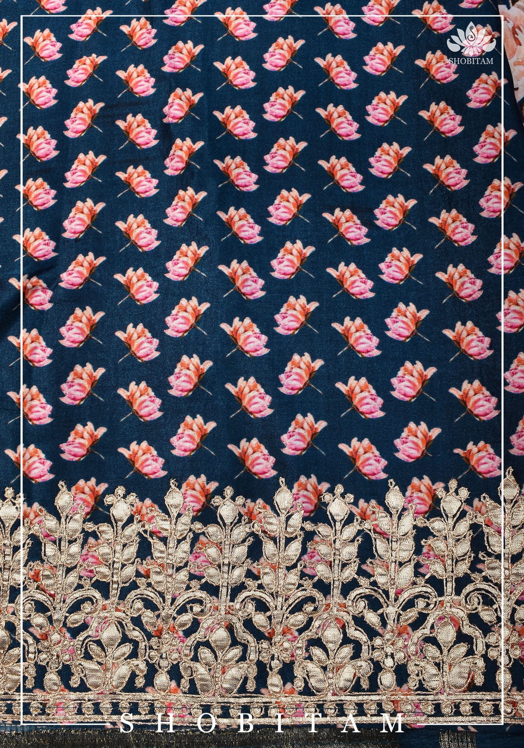 Navy Blue Gajji Silk Saree with Floral Print and Crushed Zari Pallu