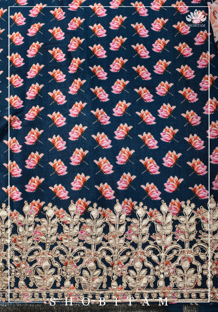 Navy Blue Gajji Silk Saree with Floral Print and Crushed Zari Pallu