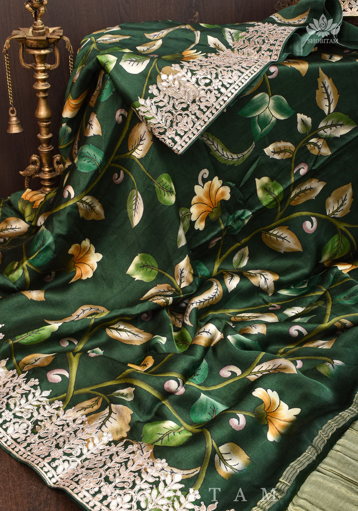 Gajji Silk Saree with Gotta Patti Borders, crushed zari palla and Floral Digital Print