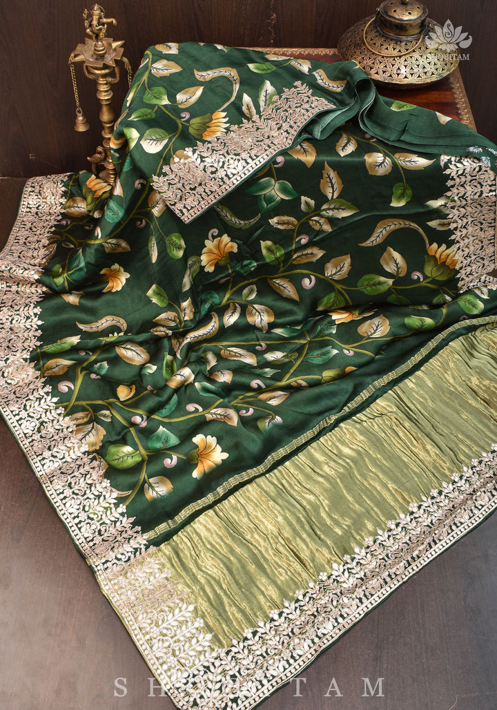 Gajji Silk Saree with Gotta Patti Borders, crushed zari palla and Floral Digital Print