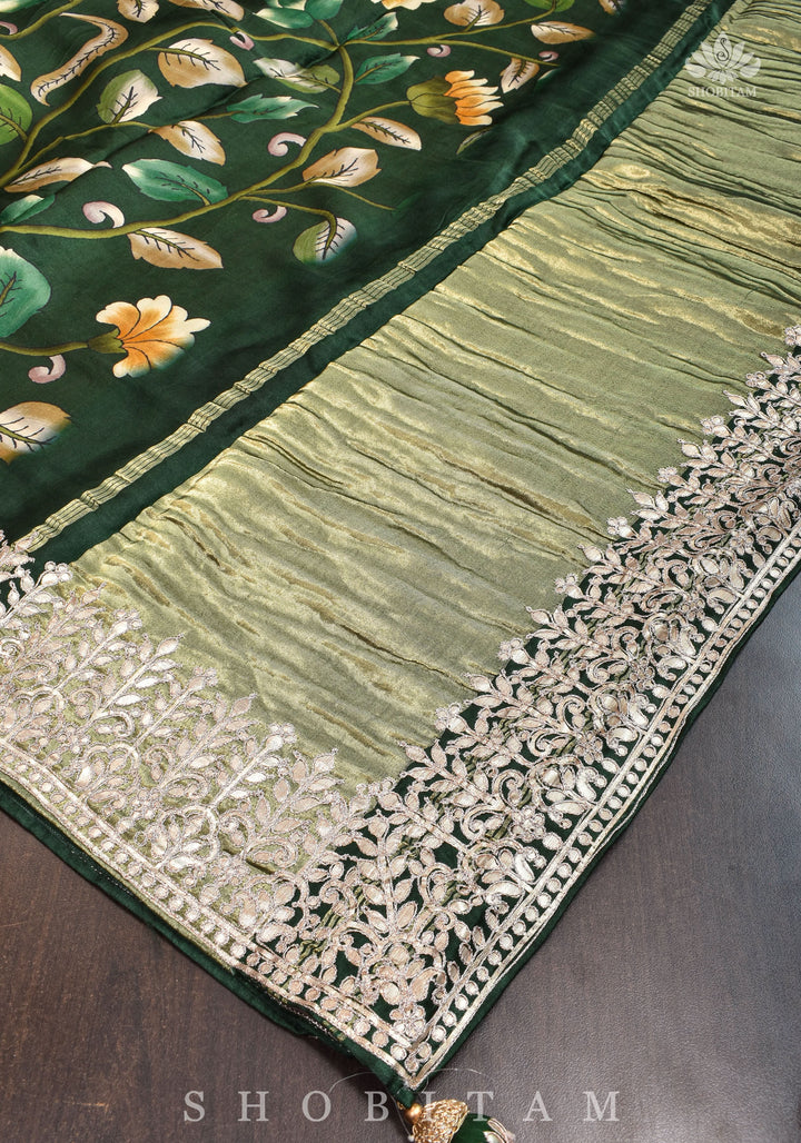 Gajji Silk Saree with Gotta Patti Borders, crushed zari palla and Floral Digital Print