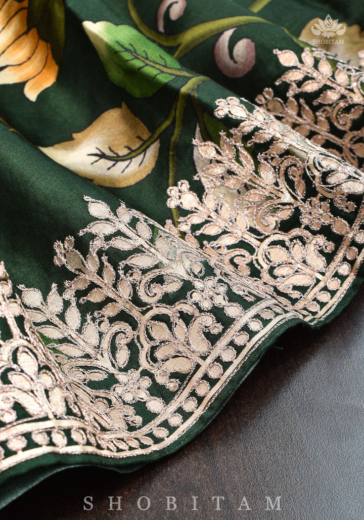 Gajji Silk Saree with Gotta Patti Borders, crushed zari palla and Floral Digital Print