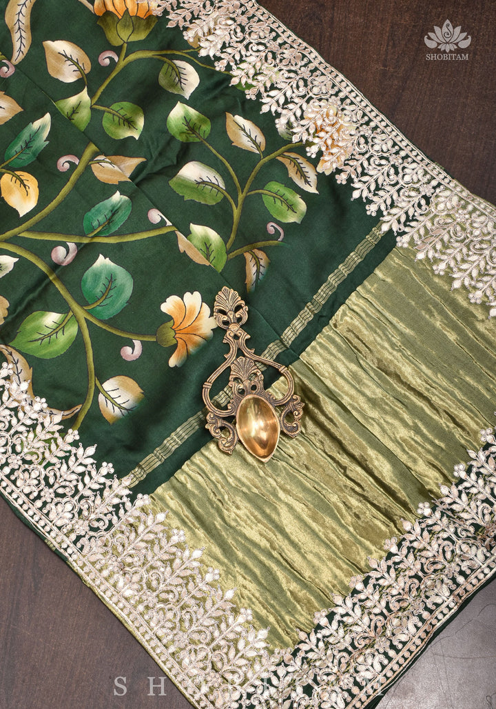 Gajji Silk Saree with Gotta Patti Borders, crushed zari palla and Floral Digital Print