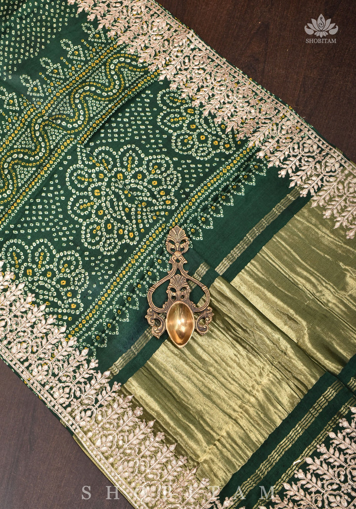 Vidya Balan Bottle Green Gajji Silk Saree with Bandhni Digital Print and Gotta patti borders